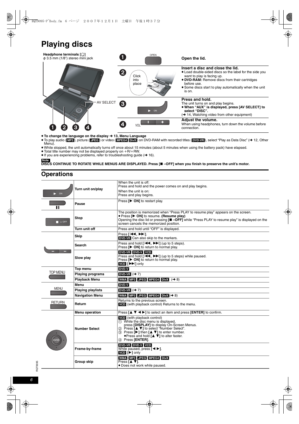 Playback, Playing discs, Operations | Panasonic DVD-LS86 User Manual | Page 6 / 20