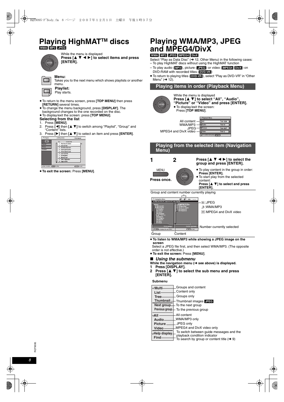 Playing highmat discs, Playing wma/mp3, jpeg and mpeg4/divx, Playing highmat | Discs, Playing items in order (playback menu), Playing from the selected item (navigation menu), Using the submenu | Panasonic DVD-LS86 User Manual | Page 8 / 20