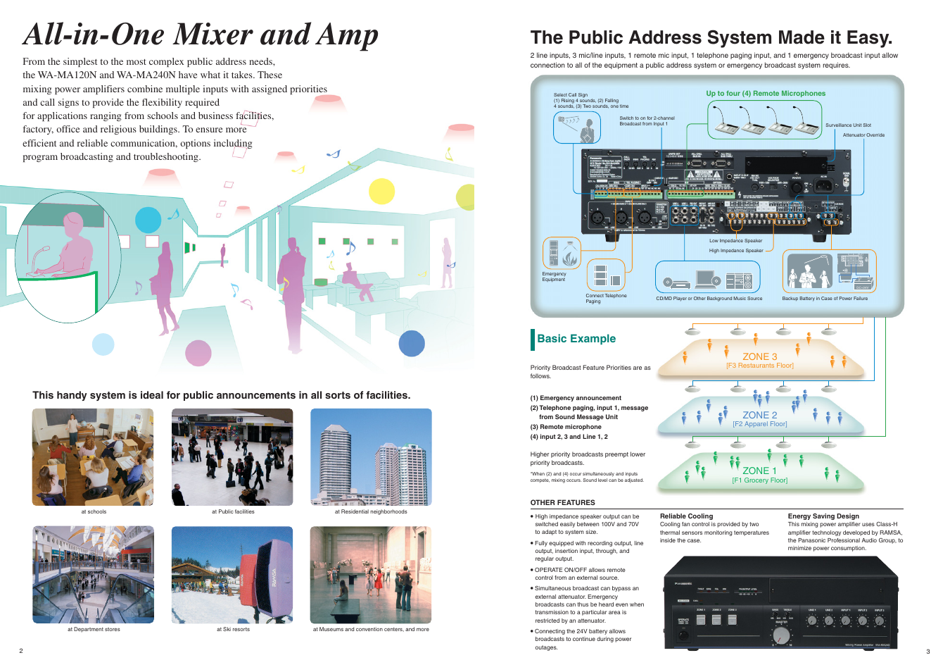 All-in-one mixer and amp, The public address system made it easy, Basic example | Panasonic PAMIS WA-MA120N User Manual | Page 2 / 5