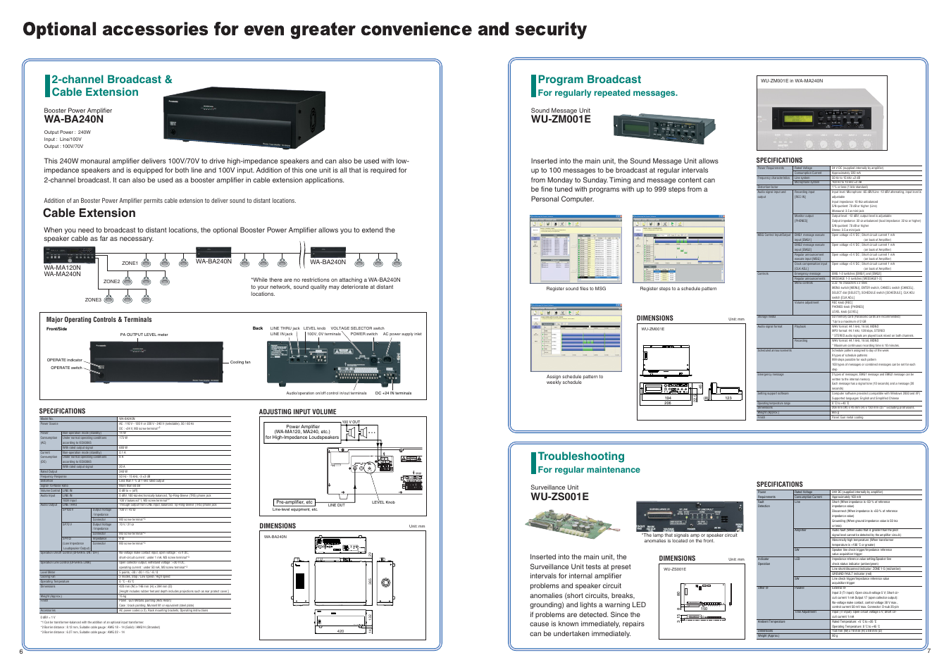 Cable extension, Troubleshooting, Wu-zm001e | Wu-zs001e, Wa-ba240n, For regularly repeated messages, For regular maintenance | Panasonic PAMIS WA-MA120N User Manual | Page 4 / 5