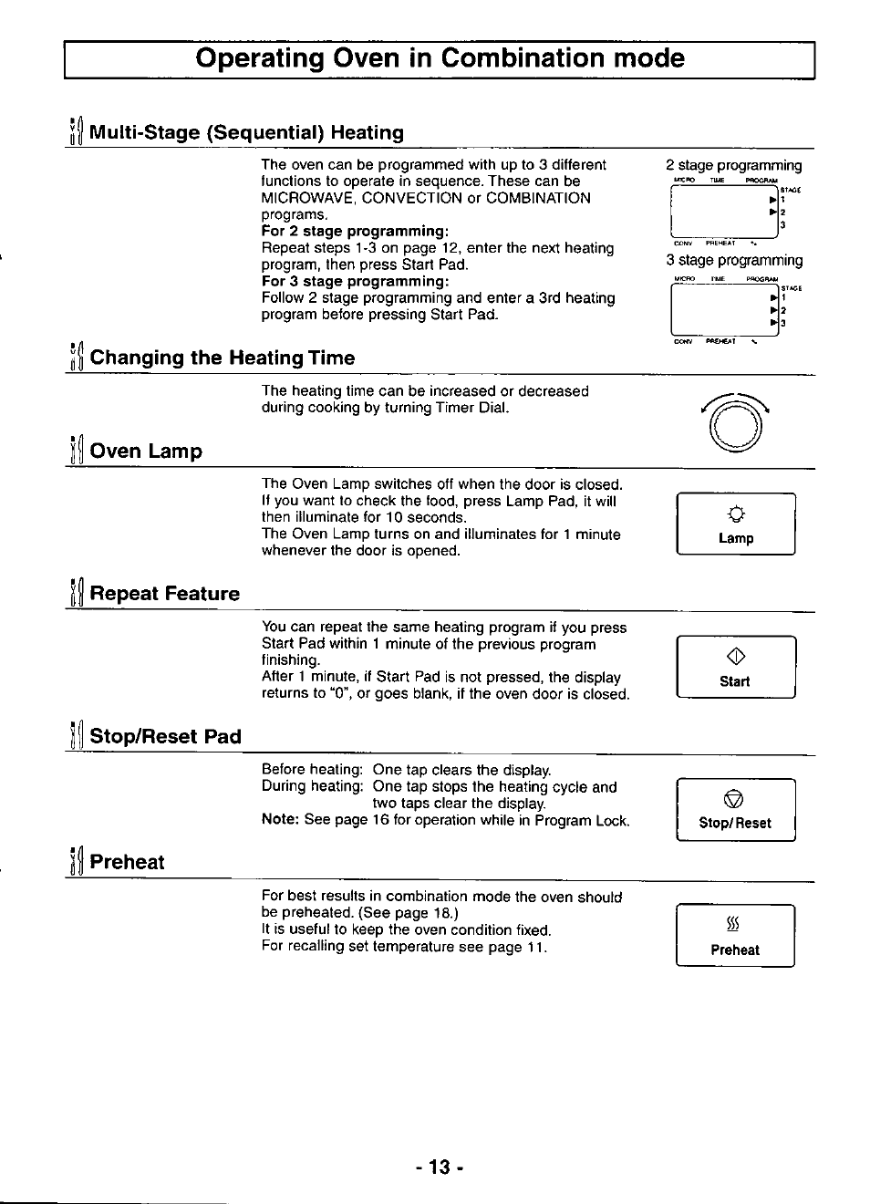 Multi-stage (sequential) heating, Changing the heating time, Oven lamp | Repeat feature, Stop/reset pad, Preheat, Operating oven in combination mode, Stop/reset pad preheat | Panasonic COMBI WAVE NE-C1153 User Manual | Page 13 / 32