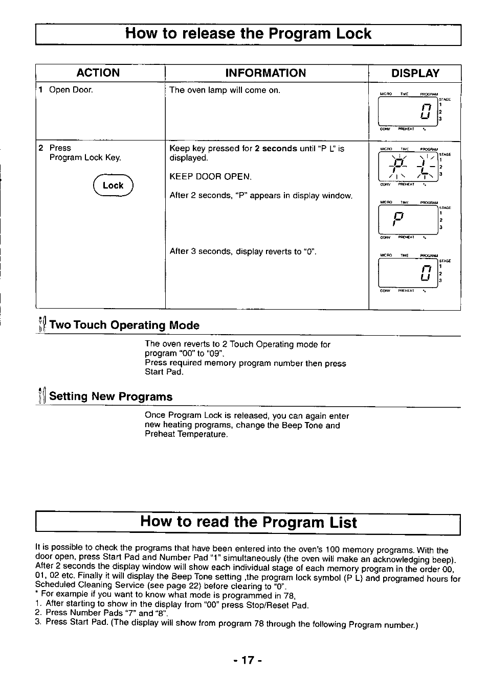 Action, Information, Display | Two touch operating mode, Setting new programs, How to read the program list, How to reiease the program lock, How to release the program lock, Action information display | Panasonic COMBI WAVE NE-C1153 User Manual | Page 17 / 32