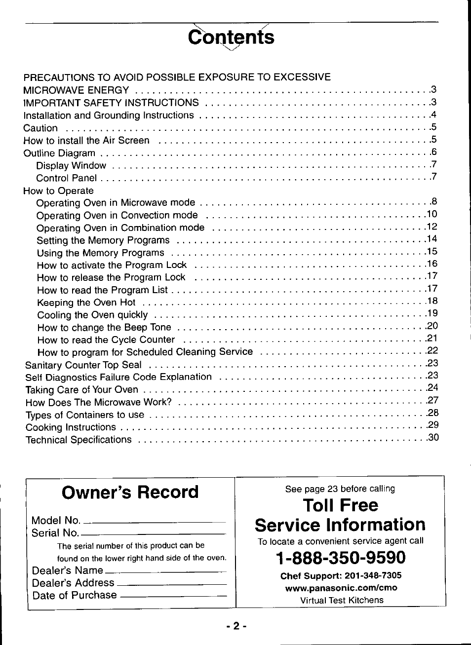 Cbntenfs, Owner’s record, Toll free service information | Panasonic COMBI WAVE NE-C1153 User Manual | Page 2 / 32