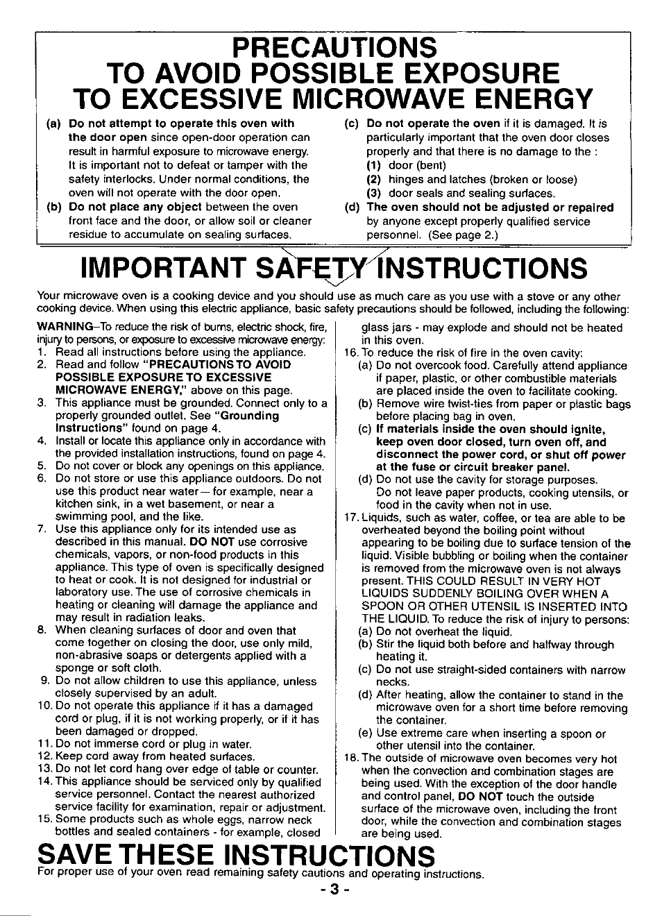 Important safejy instructions, Save these instructions | Panasonic COMBI WAVE NE-C1153 User Manual | Page 3 / 32