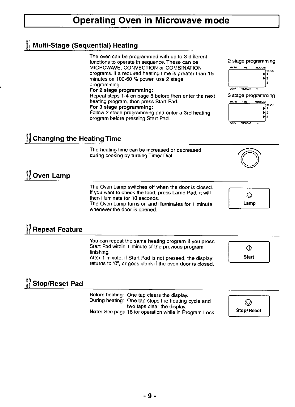 Multi-stage (sequential) heating, Changing the heating time, Oven lamp | Repeat feature, Stop/reset pad, Operating oven in microwave mode, Changing the heating time oven lamp | Panasonic COMBI WAVE NE-C1153 User Manual | Page 9 / 32