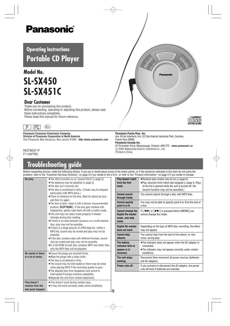 Panasonic SL-SX451C User Manual | 6 pages