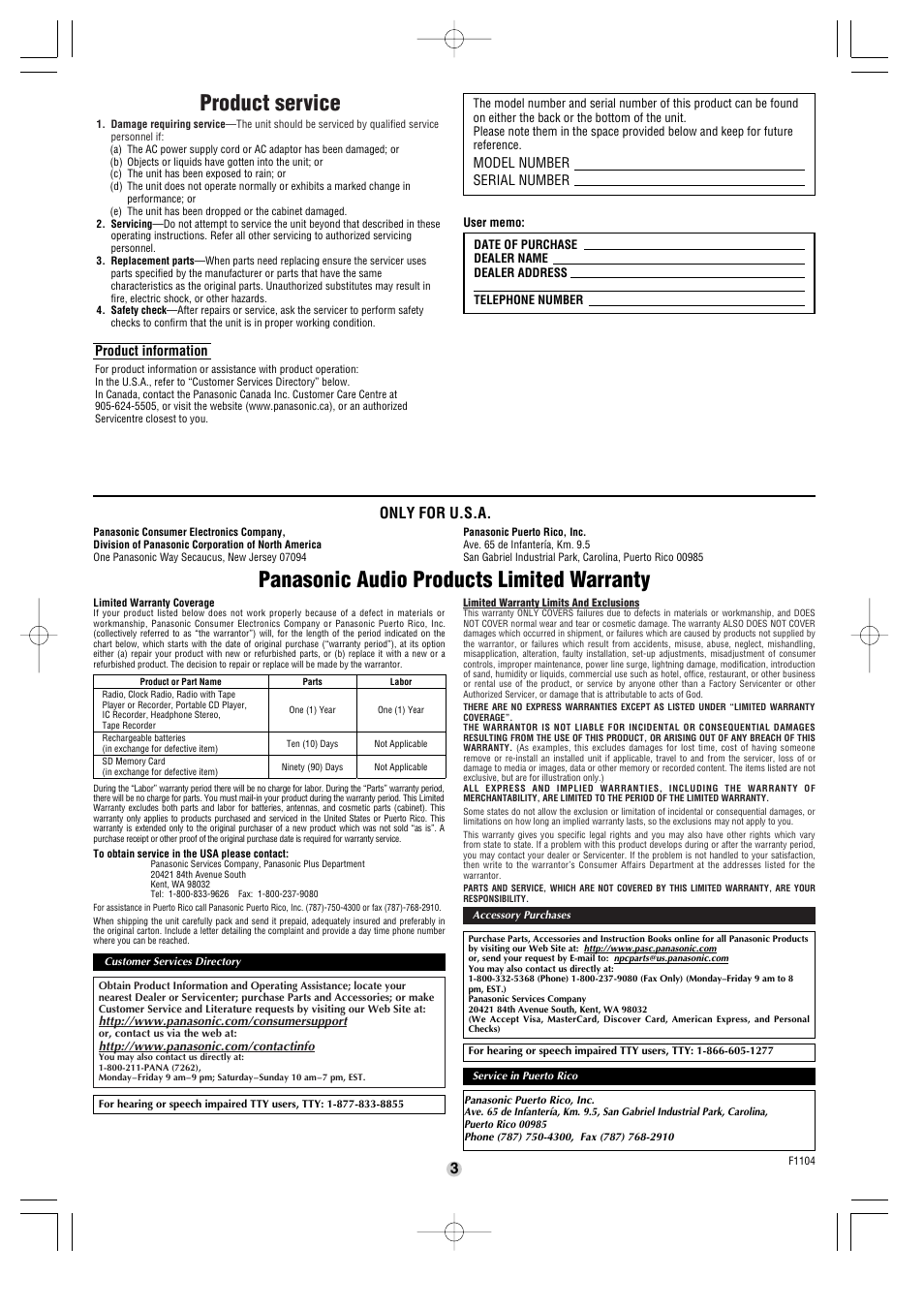 Product service, Panasonic audio products limited warranty, Only for u.s.a | Panasonic SL-SX451C User Manual | Page 3 / 6