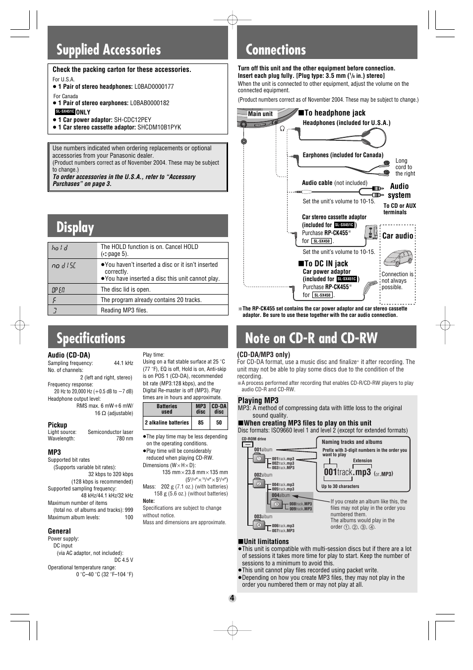 Supplied accessories, Connections, Display | 001 track .mp3, Audio system, Playing mp3 | Panasonic SL-SX451C User Manual | Page 4 / 6