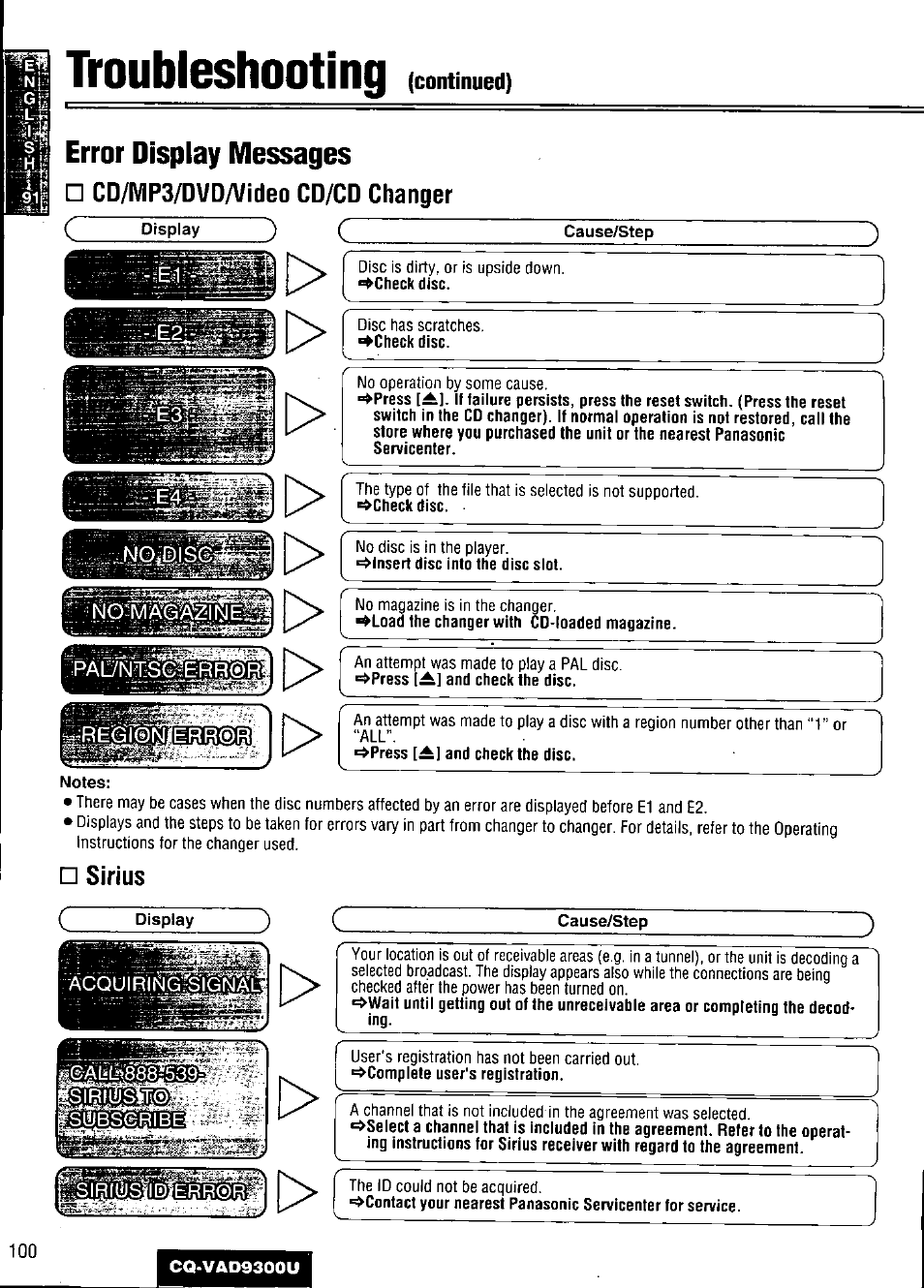 Troubleshooting, Error display messages, Cd/mp3/dvd/video cd/cd changer | Cause/step, Sirius | Panasonic CQ VAD9300U User Manual | Page 100 / 304