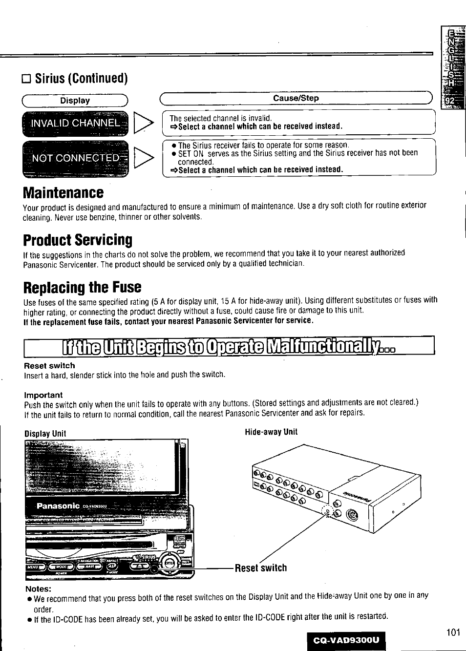 Sirius (continued), Display, Cause/step | Maintenance, Product servicing, Replacing the fuse, Reset switch, Important, Hide-away unit, Notes | Panasonic CQ VAD9300U User Manual | Page 101 / 304