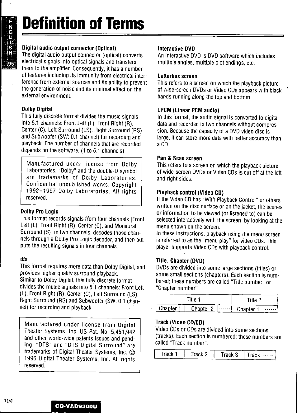 Definition of terms, Digital audio output connector (optical), Dolby digital | Dolby pro logic, Interactive dvd, Letterbox screen, Lpcm (linear pcm audio), Pan & scan screen, Playback control (video cd), Title, chapter (dvd) | Panasonic CQ VAD9300U User Manual | Page 104 / 304