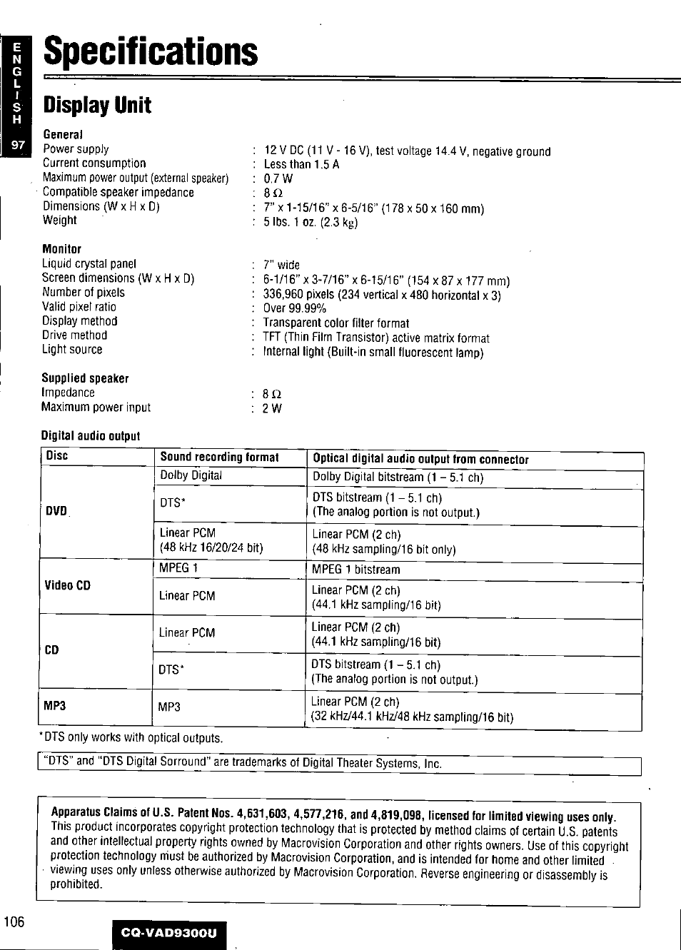 Specifications, Display unit, Genera) | Monitor, Supplied speaker | Panasonic CQ VAD9300U User Manual | Page 106 / 304