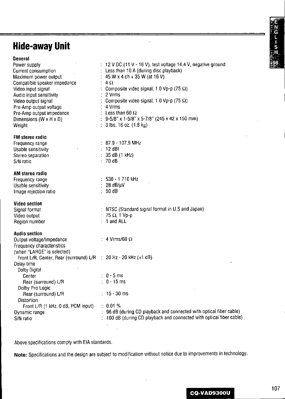 Hide-away unit, General, Fm stereo radio | Am stereo radio, Video section, Audio section | Panasonic CQ VAD9300U User Manual | Page 107 / 304