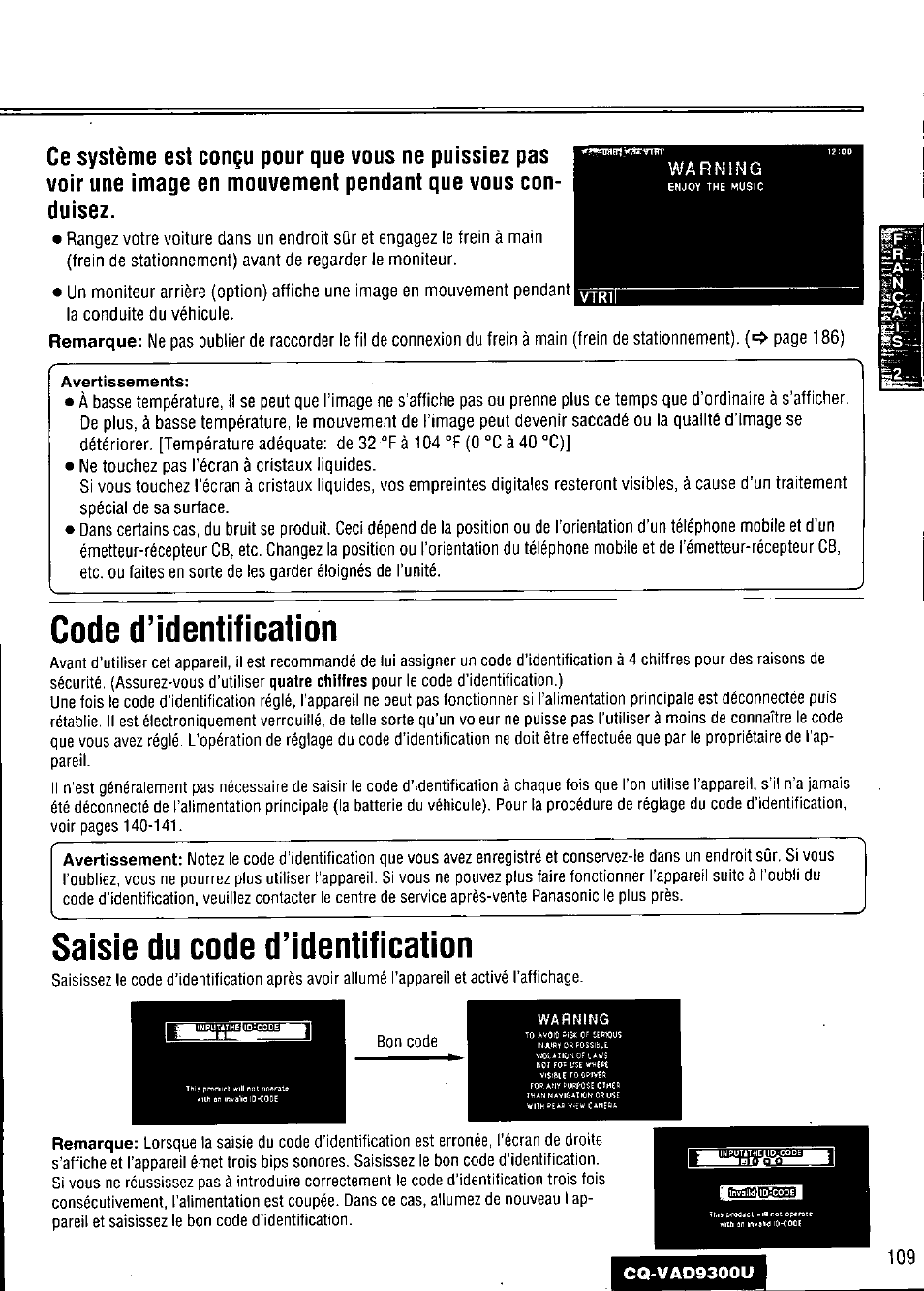 Code d’identification, Saisie du code d’identification, V¥arn1ng | Panasonic CQ VAD9300U User Manual | Page 109 / 304