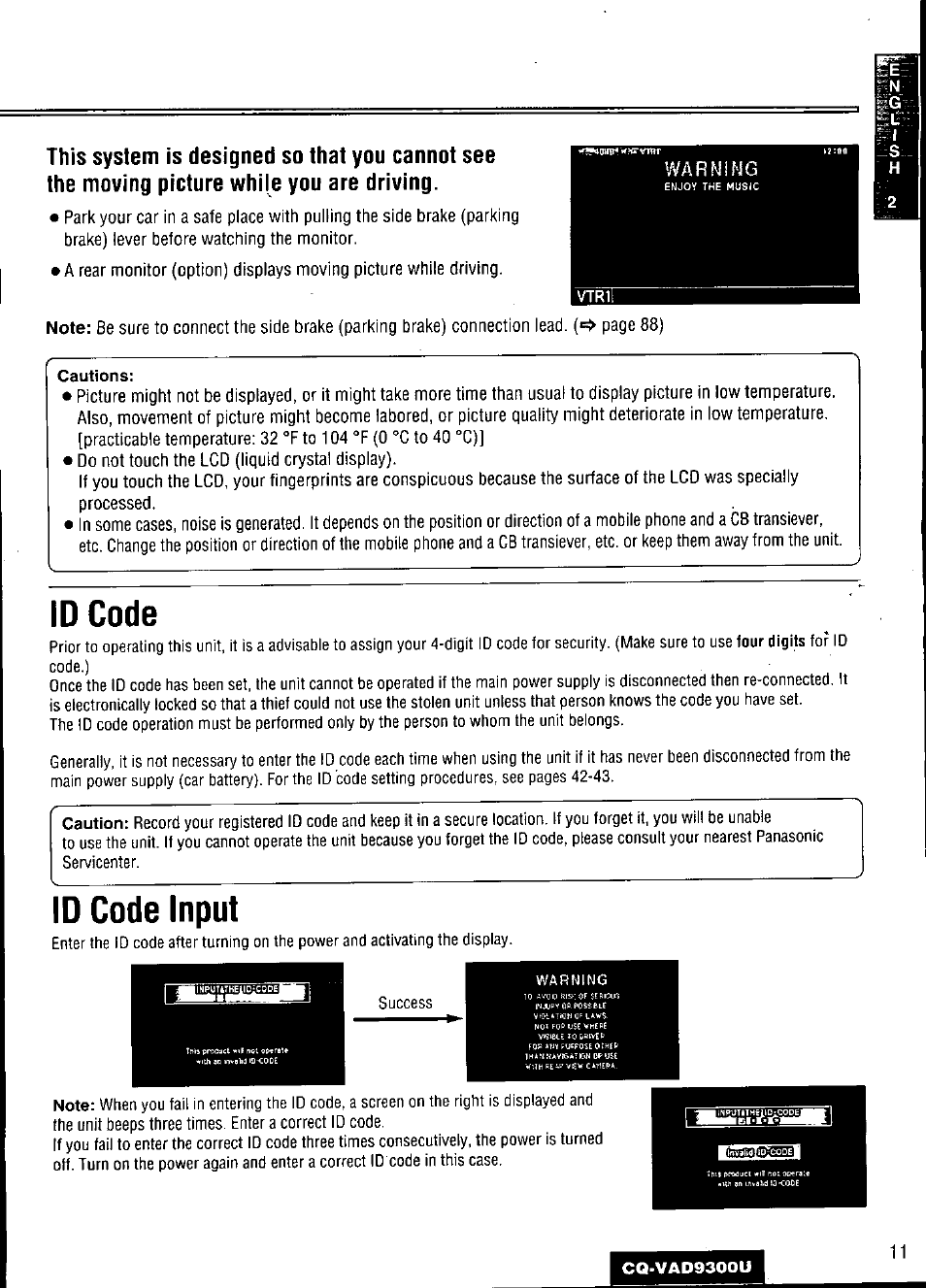 Cautions, Id code, Id code input | Warning | Panasonic CQ VAD9300U User Manual | Page 11 / 304