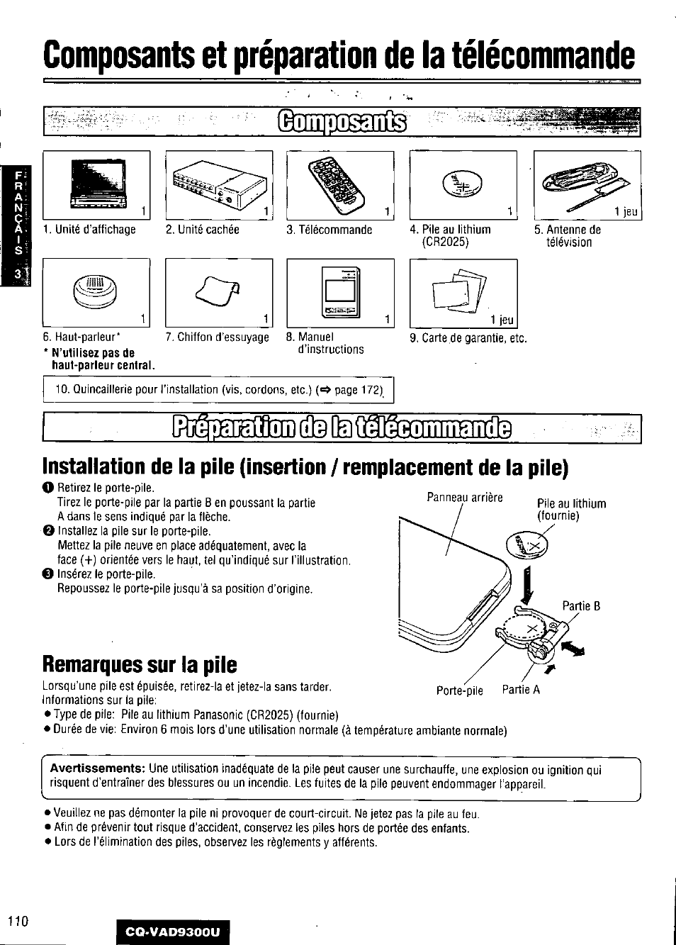 Composants et préparation de la télécommande, Remarques sur la pile | Panasonic CQ VAD9300U User Manual | Page 110 / 304