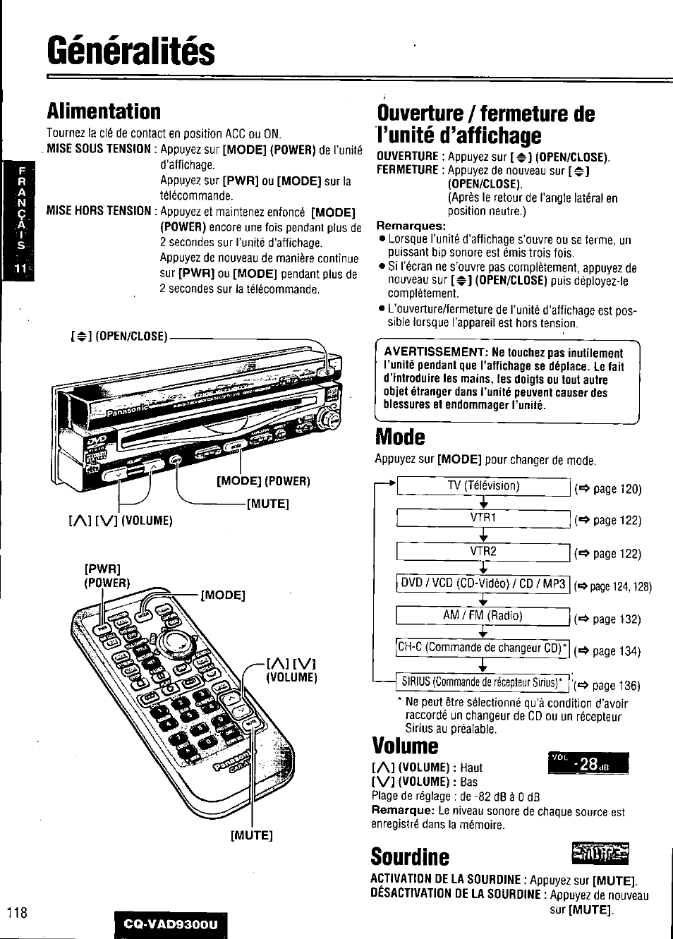 Généralités, Alimentation, Ouverture / fermeture de l’unité d’affichage | Mode, Volume, Sourdine, Al [vi | Panasonic CQ VAD9300U User Manual | Page 118 / 304
