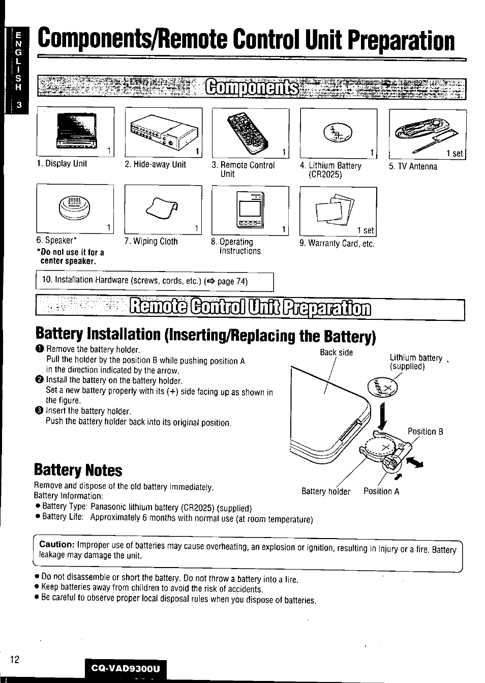 Components/remote control unit preparation, Battery notes | Panasonic CQ VAD9300U User Manual | Page 12 / 304