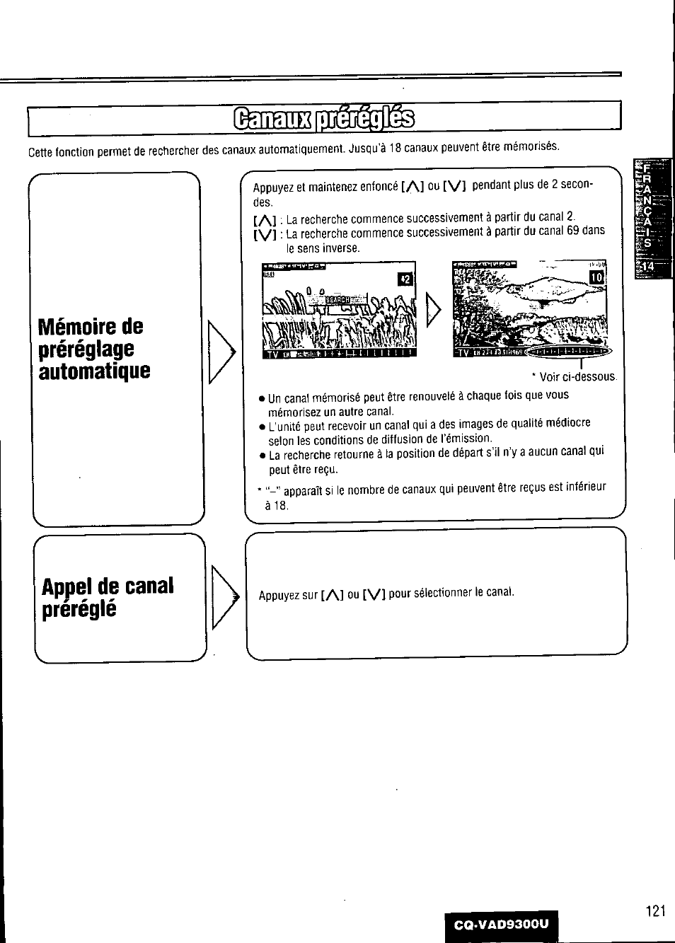 Mémoire de, Préréglage, Automatique | Appei de canal préréglé | Panasonic CQ VAD9300U User Manual | Page 121 / 304
