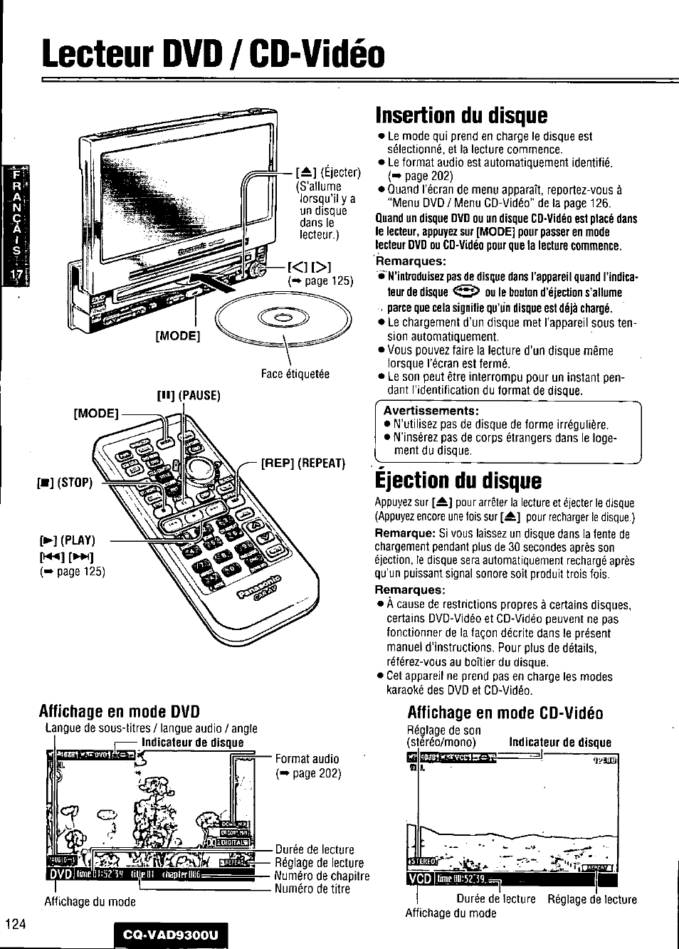 Lecteur dvd / cd-vidéo, Insertion du disque, Avertissements | Ejection du disque, Lecteur dvd/cd-vidéo | Panasonic CQ VAD9300U User Manual | Page 124 / 304