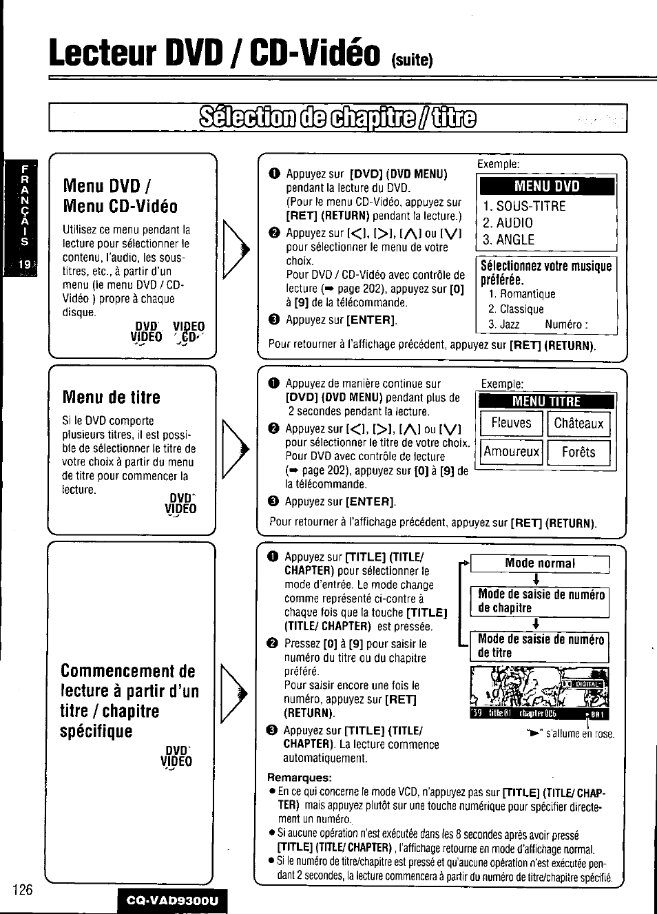 Lecteur dvd / cd-vidéo, Menu dvd, Menu cd-vidéo | Dvd video video xo, Menu de titre, Sélectionnez votre musique préférée, Mode normal, Mode de saisie de numéro de chapitre, Mode de saisie de numéro de titre, Siileclion | Panasonic CQ VAD9300U User Manual | Page 126 / 304