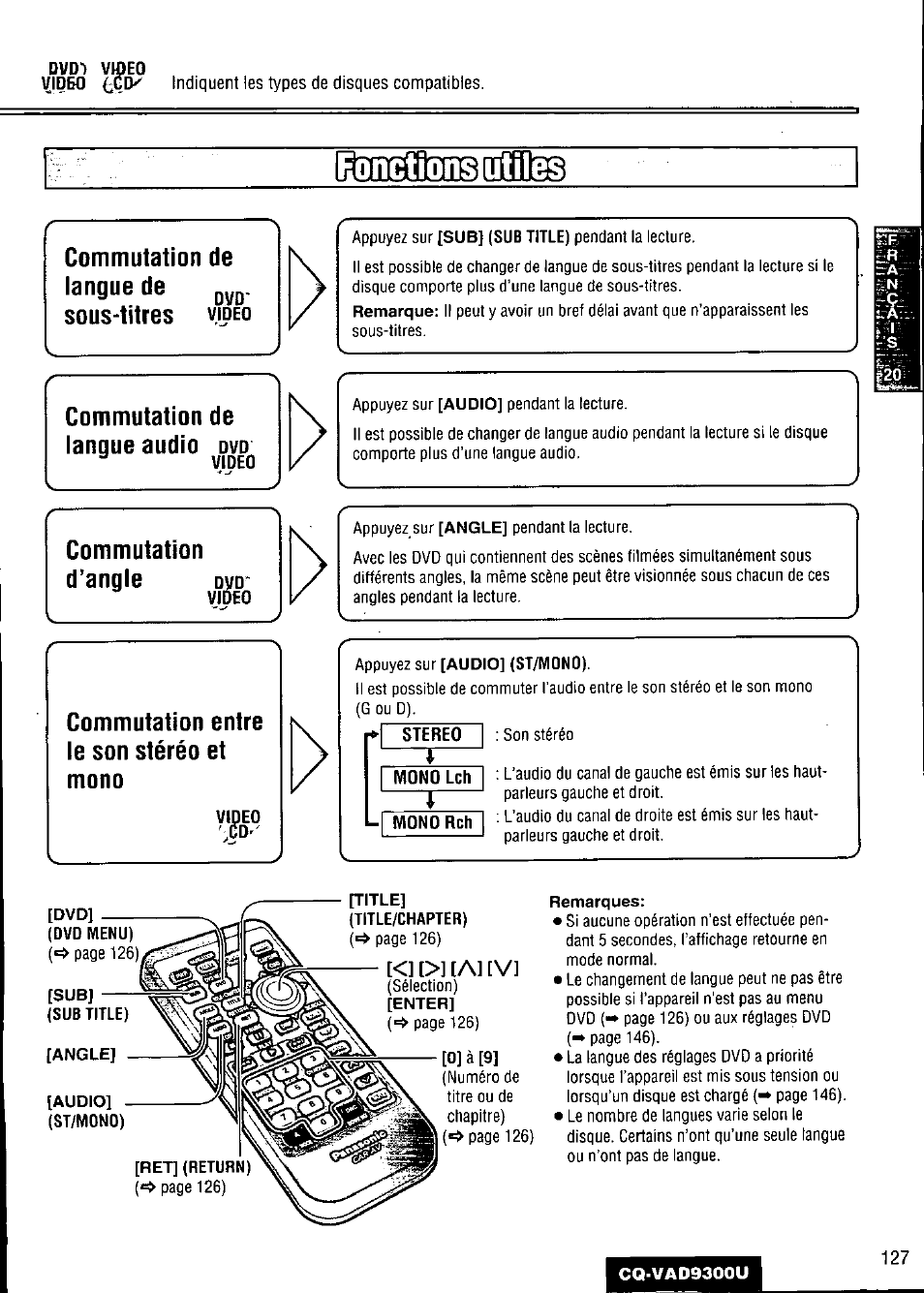 Dvd"), Vidbo, Commutation de langue de | Sous-titres video, Commutation de langue audio dvd, Video, Commutation, D’angle, Commutation entre le son stéréo et mono, Stereo | Panasonic CQ VAD9300U User Manual | Page 127 / 304