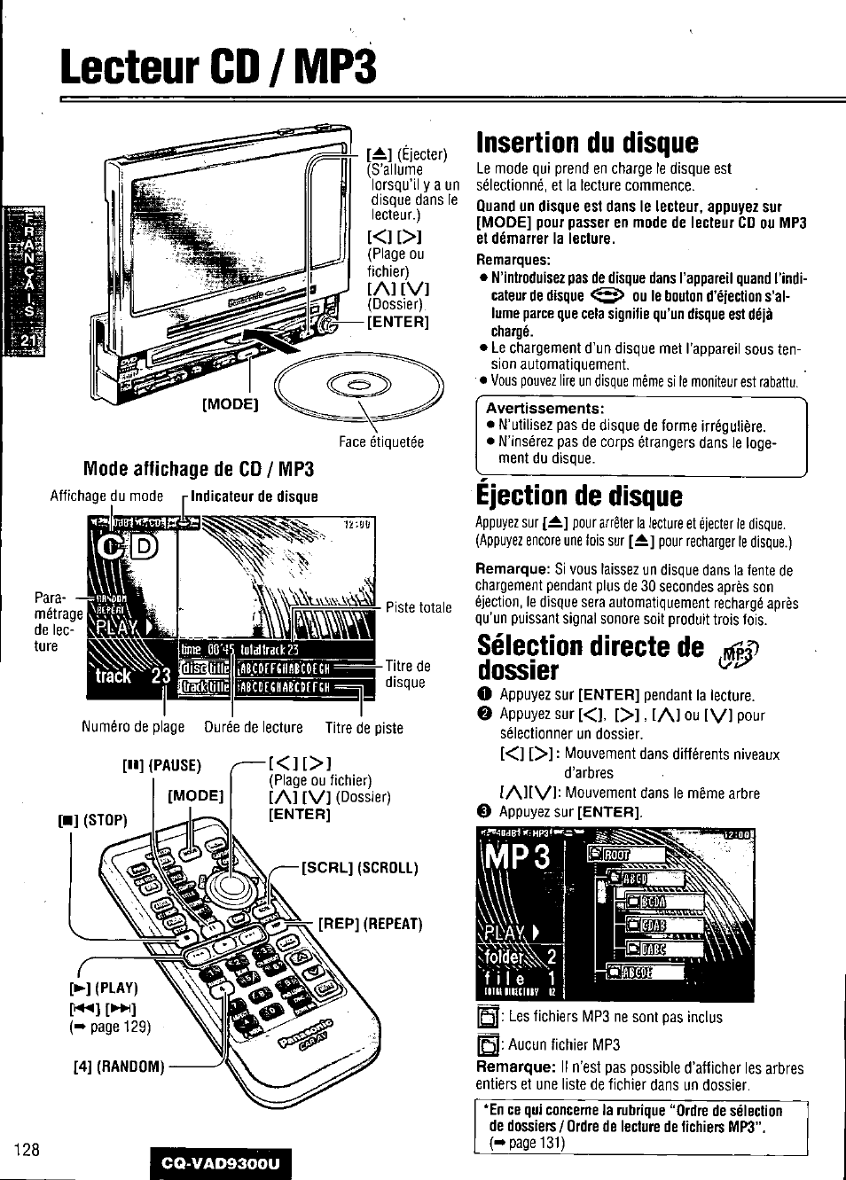 Lecteur cd / mp3, Insertion du disque, Ejection de disque | Sélection directe de dossier, Lecteur cd/mp3, T al [vi, A] [v | Panasonic CQ VAD9300U User Manual | Page 128 / 304