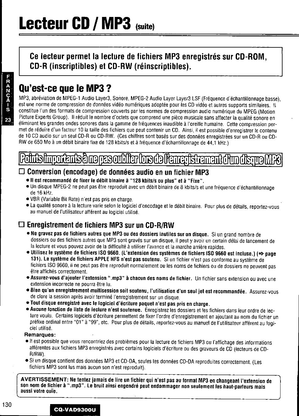 Lecteur cd / mp3, Qu’est-ce que le mp3, Jsu 00 | Panasonic CQ VAD9300U User Manual | Page 130 / 304