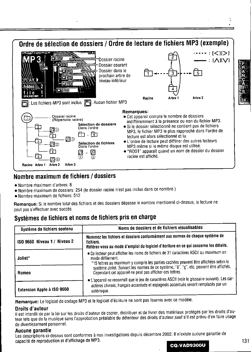 Lallv), Remarques, Droits d’auteur | Aucune garantie, Nombre maximum de fichiers / dossiers | Panasonic CQ VAD9300U User Manual | Page 131 / 304