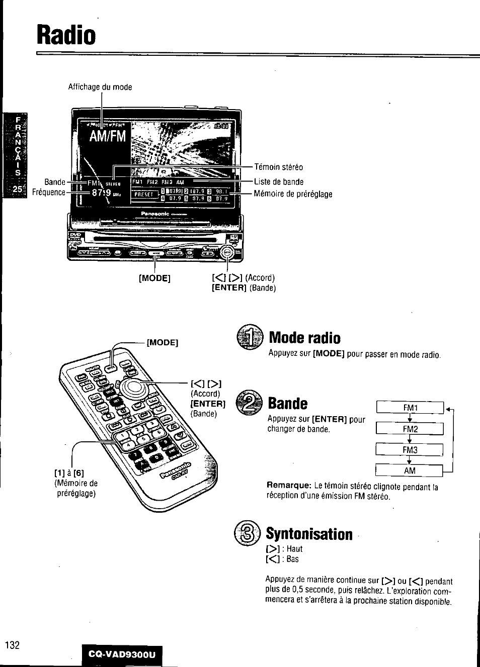 Radio, Mode radio, Syntonisation | Bande | Panasonic CQ VAD9300U User Manual | Page 132 / 304