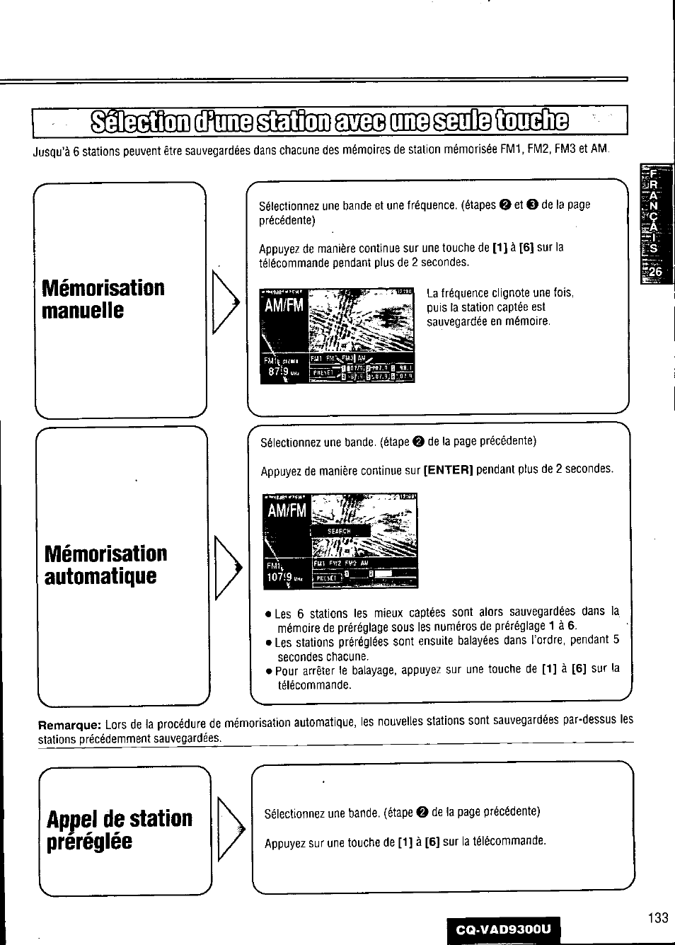 Mémorisation, Manuelle, Automatique | Appel de station préréglée, Stationiavec, Selection, Mémorisation manuelle, Mémorisation automatique | Panasonic CQ VAD9300U User Manual | Page 133 / 304