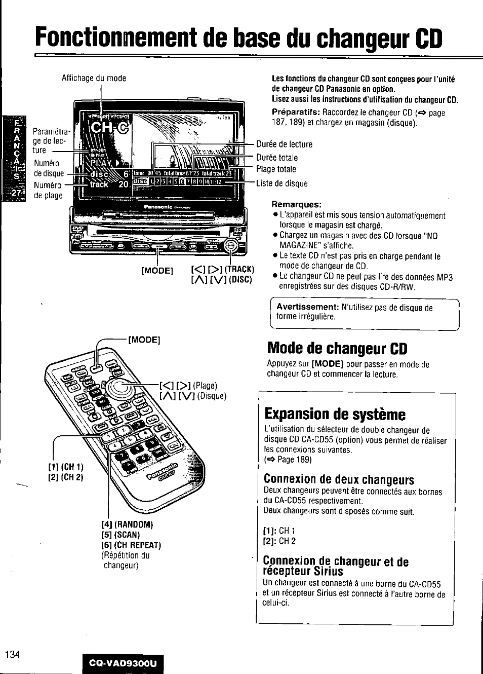 Fonctionnement de base du changeur cd, Mode de changeur cd, Expansion de système | Panasonic CQ VAD9300U User Manual | Page 134 / 304