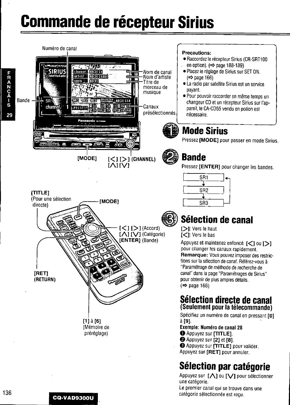 Commande de récepteur sirius, Precautions, Mode sirius | Bande, Sélection de canal, Sélection directe de canal, Seulement pour la télécommandé), Sélection par catégorie, Commande de récepteur strius, Al [v | Panasonic CQ VAD9300U User Manual | Page 136 / 304