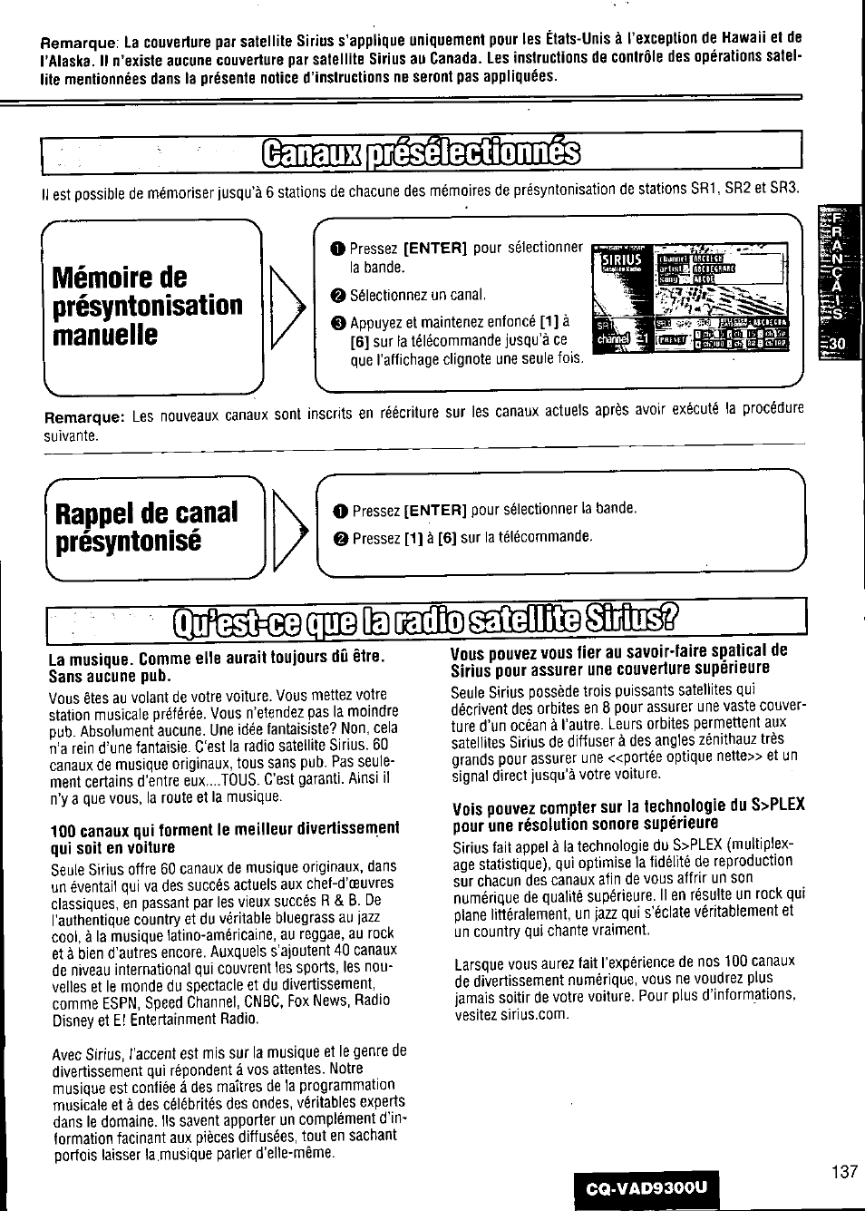 Mémoire de, Présyntonisation, Manuelle | Mémoire de présyntonisation manuelle, Rappel de canal présyntonisé | Panasonic CQ VAD9300U User Manual | Page 137 / 304