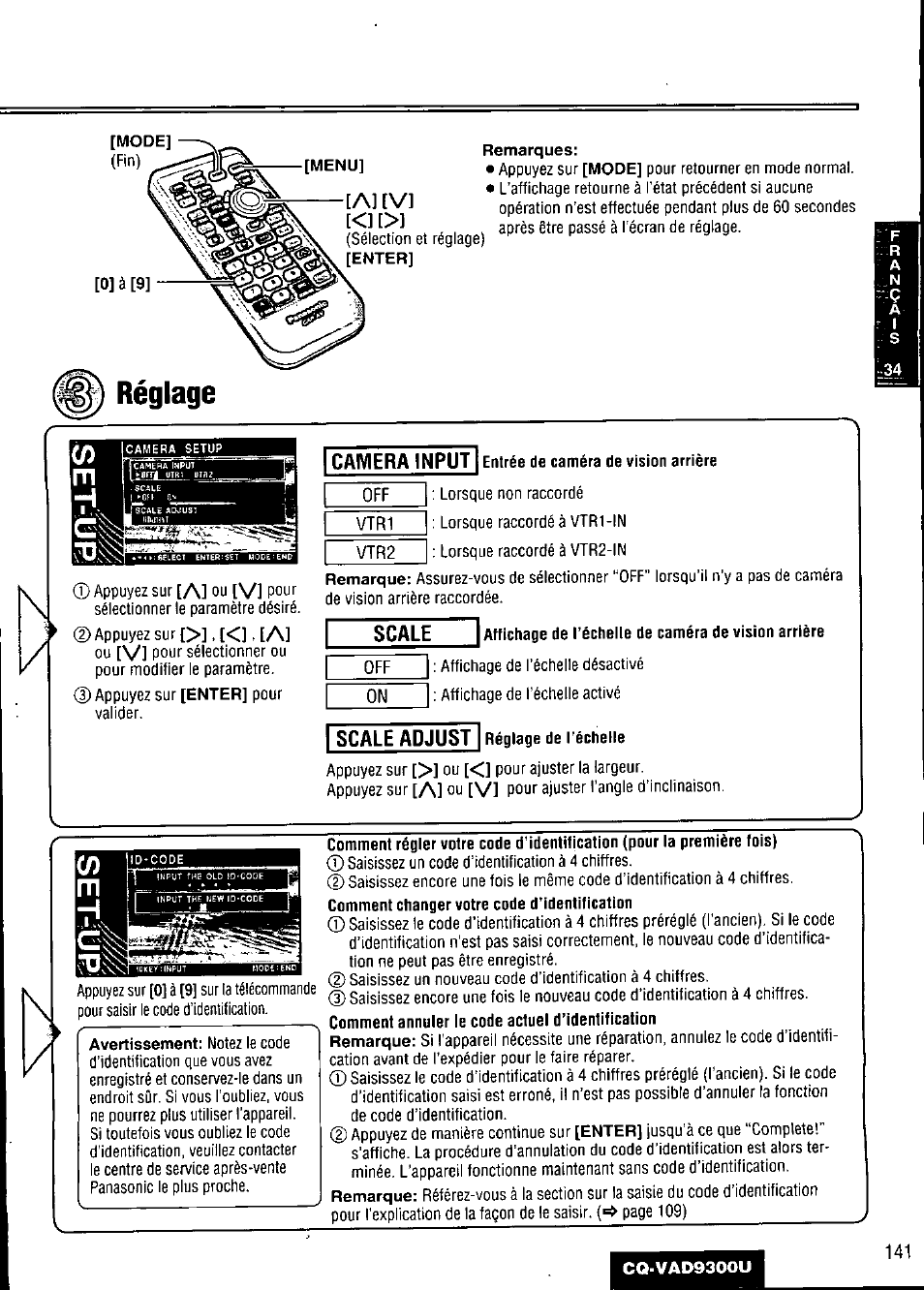 Réglage, Camera input i entrée de caméra de vision arrière, Scale | Affichage de l’échelle de caméra de vision arrière, Scale adjust, Réglage de l’échelle, Pour valider | Panasonic CQ VAD9300U User Manual | Page 141 / 304