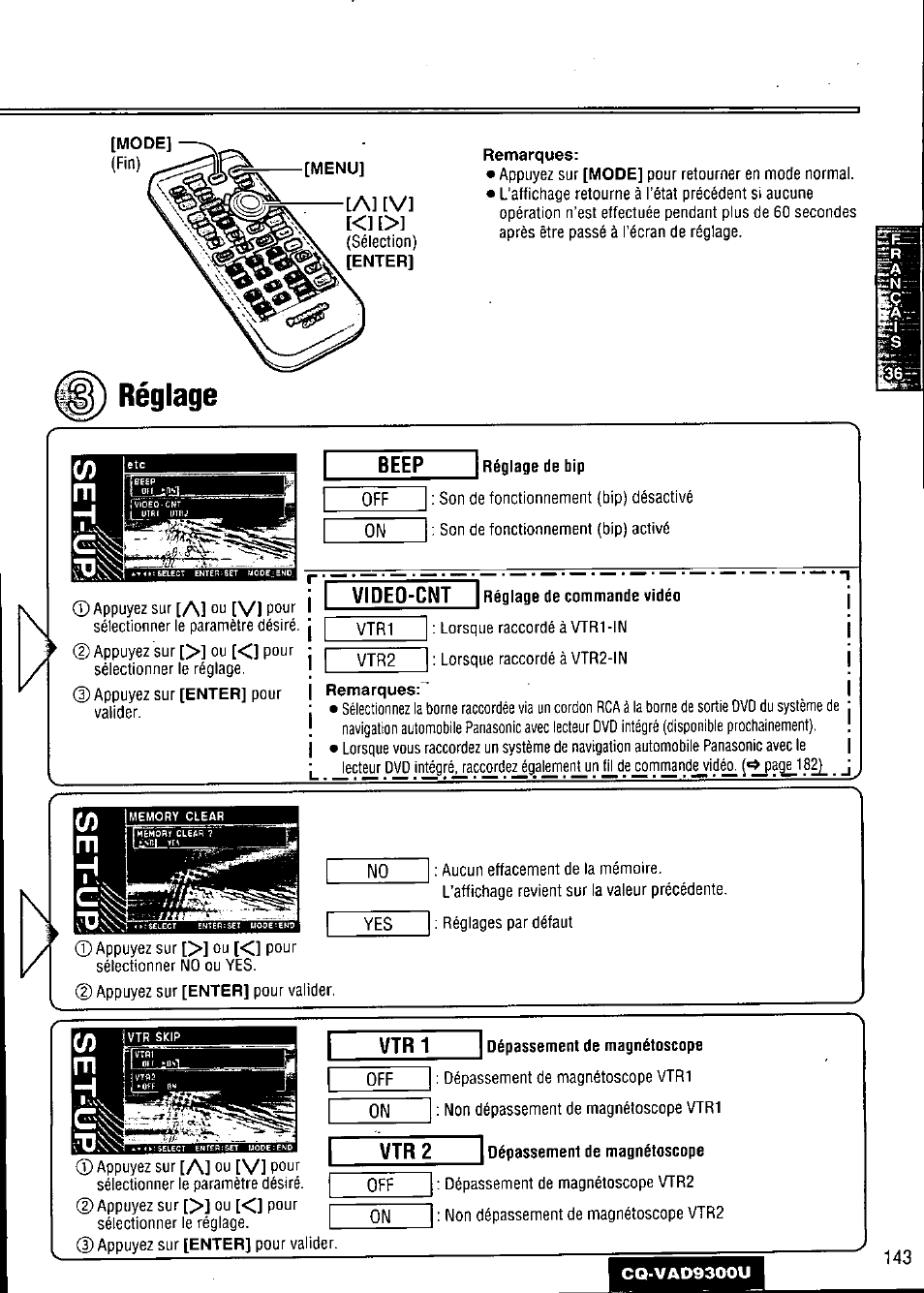 Réglage, Video-cnt i réglage de commande vidéo, Vtr1 | Dépassement de magnétoscope, Vtr2, A] [v | Panasonic CQ VAD9300U User Manual | Page 143 / 304