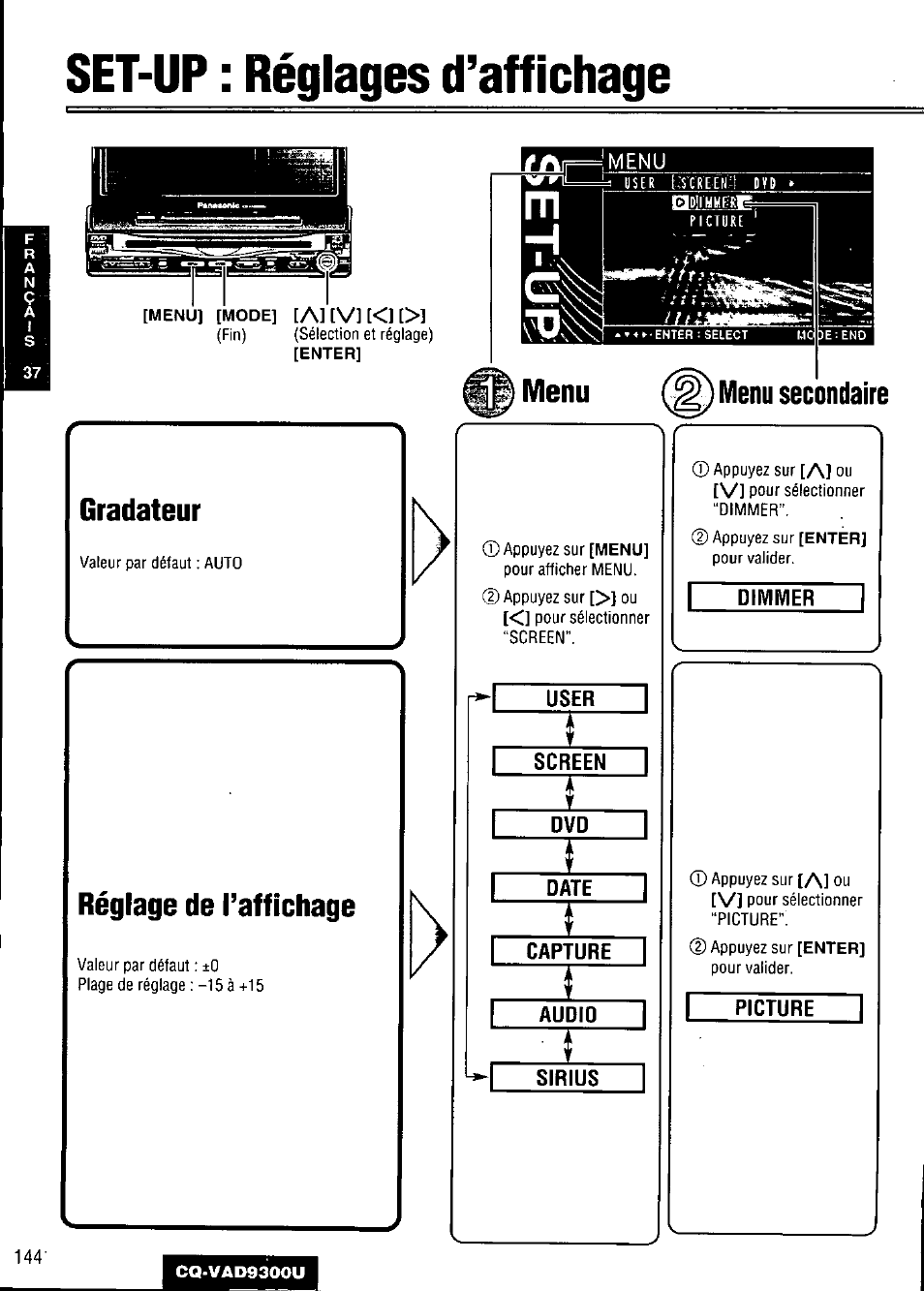 Set-up : réglages d’affichage, Gradateur, Réglage de l’affichage | User i, Screen, Date, Capture, Audid, Sirius, Dimmer | Panasonic CQ VAD9300U User Manual | Page 144 / 304