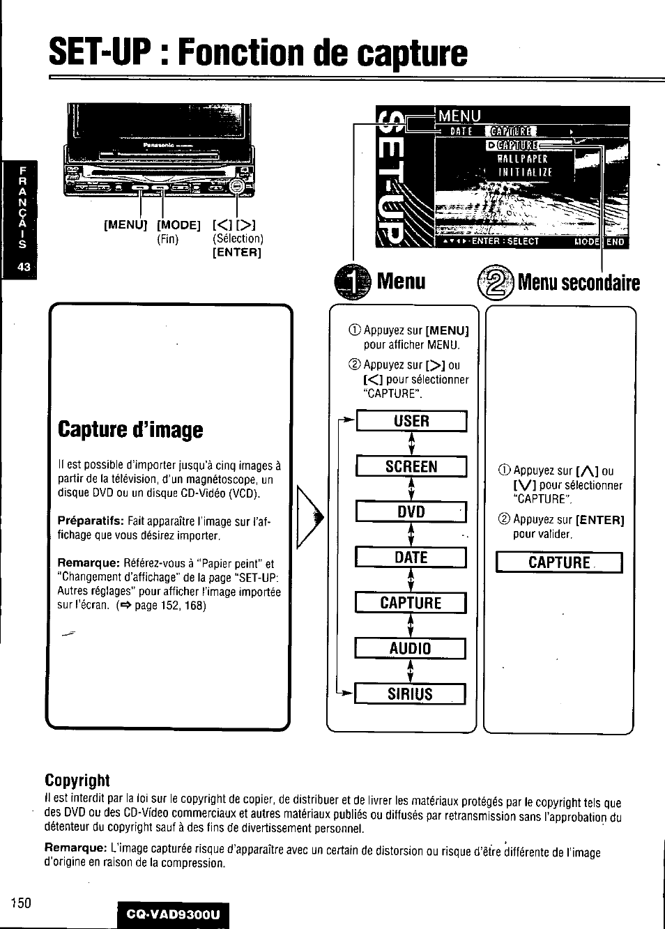 Set-up : fonction de capture, Menu secondaire, Capture d’image | Menu, Appuyez sur [al ou [vi pour sélectionner | Panasonic CQ VAD9300U User Manual | Page 150 / 304
