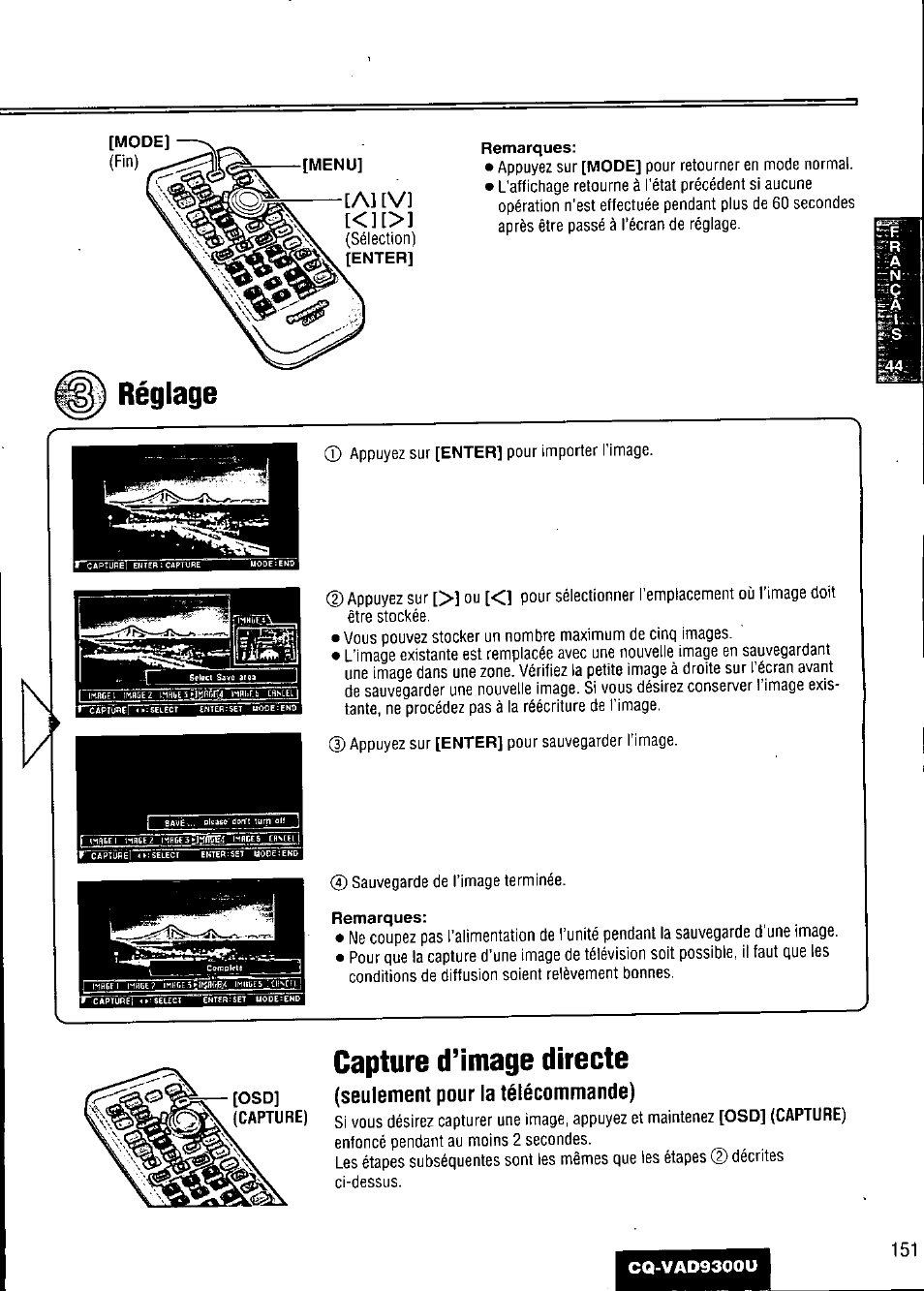 Capture d’image directe, Seulement pour la télécommande), Réglage | Al [v | Panasonic CQ VAD9300U User Manual | Page 151 / 304