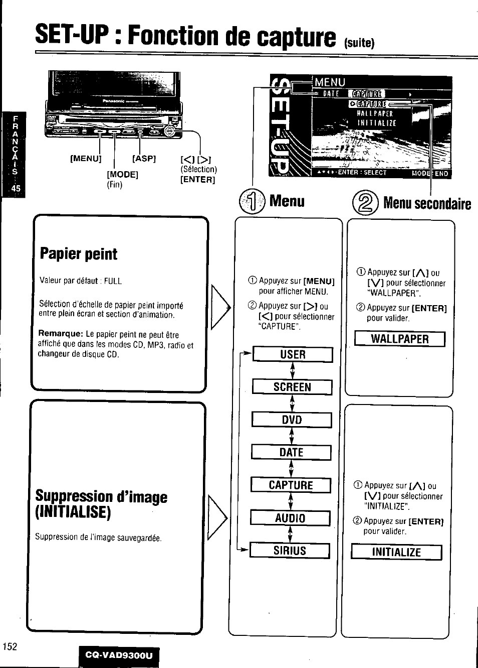Set-up : fonction de capture, Papier peint, Suppression d’image (initialtse) | Menu, Menu secondaire, Appuyez sur [a] ou [vi pour sélectionner | Panasonic CQ VAD9300U User Manual | Page 152 / 304