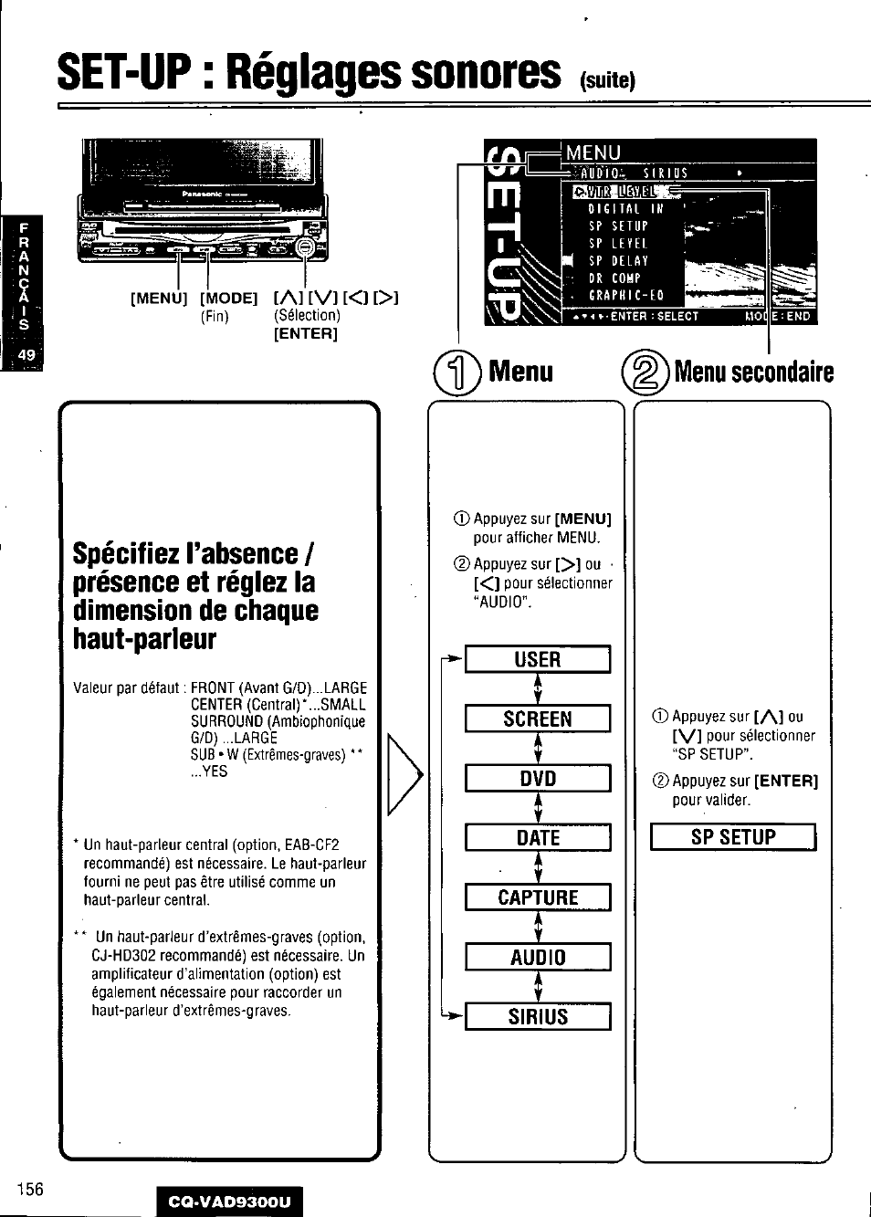 Set-up : réglages sonores, Menu secondaire, Menu | A] [v, Appuyez sur [a] ou [v] pour sélectionner | Panasonic CQ VAD9300U User Manual | Page 156 / 304