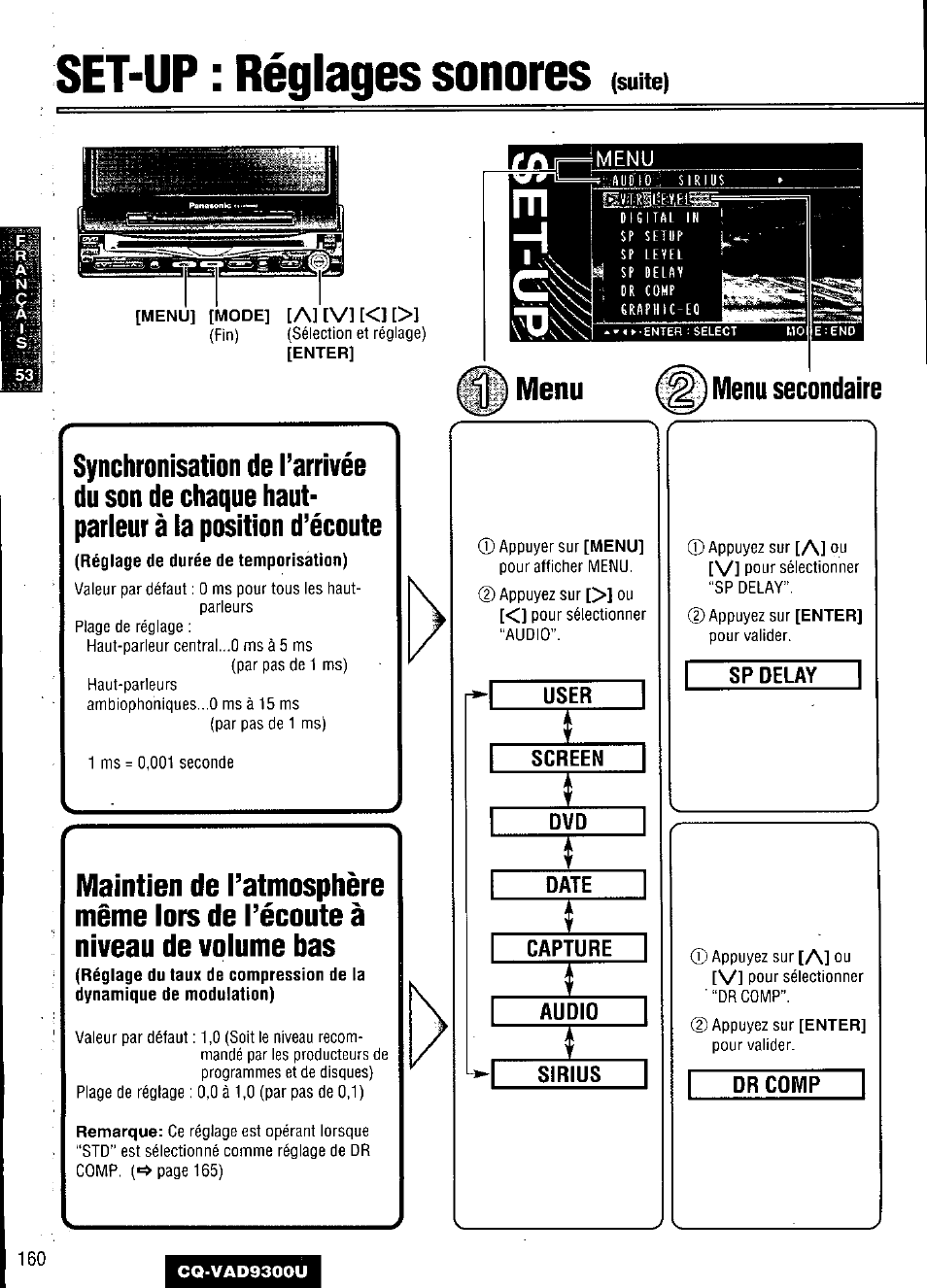 Set-up : réglages sonores, Menu secondaire | Panasonic CQ VAD9300U User Manual | Page 160 / 304