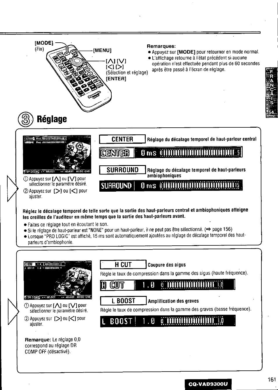 Réglage, H cut, Coupure des aigus | Amplification des graves, L boost! 1.0 lmumliimilm, Suaeoundi, 1 . 0 lmumliimilm | Panasonic CQ VAD9300U User Manual | Page 161 / 304