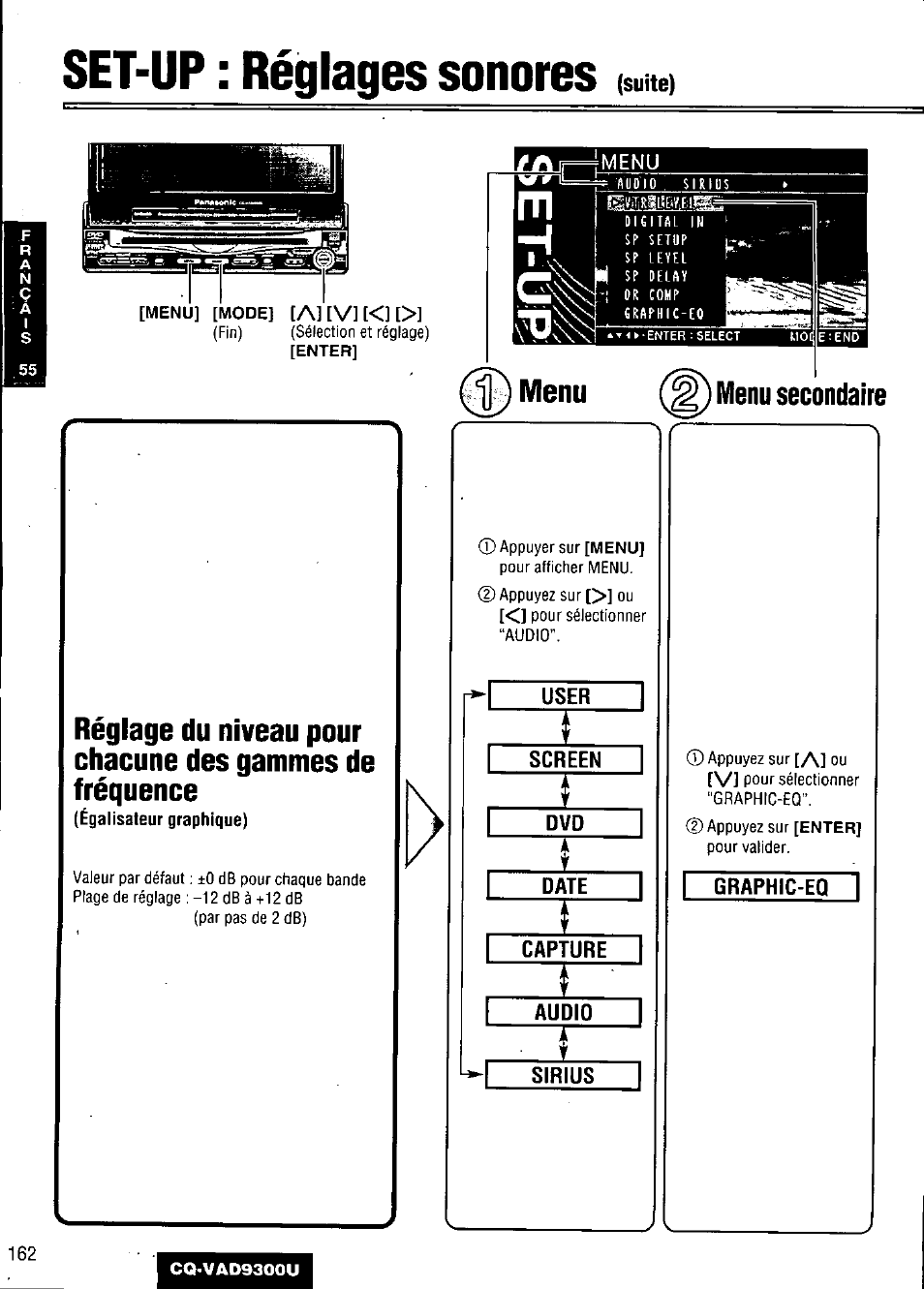Set-up : réglages sonores, Menu, Menu secondaire | Égalisateur graphique) | Panasonic CQ VAD9300U User Manual | Page 162 / 304