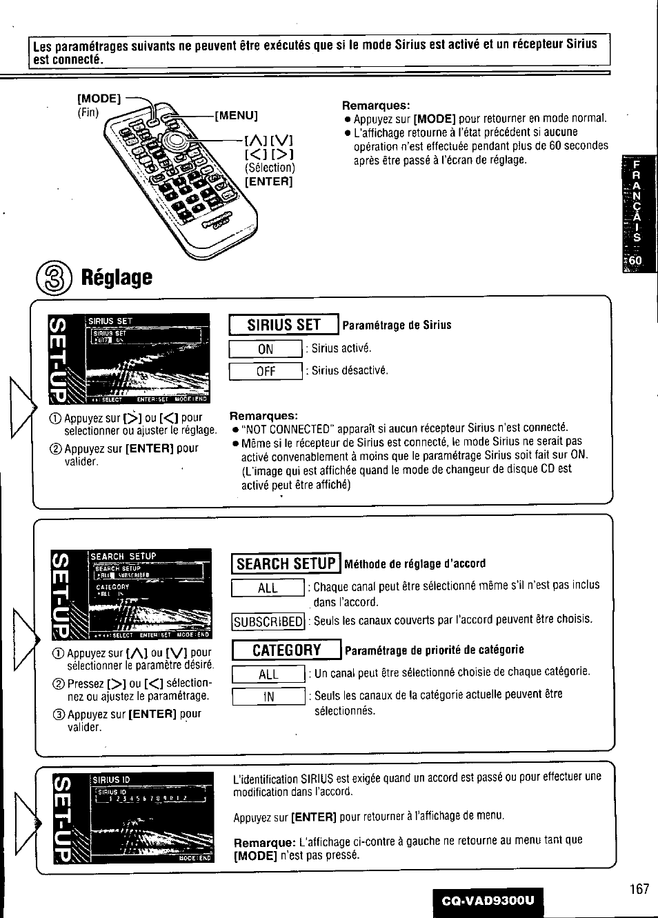 Réglage, Sirius set, Paramétrage de sirius | Search setup méthode de réglage d’accord, A] [v | Panasonic CQ VAD9300U User Manual | Page 167 / 304