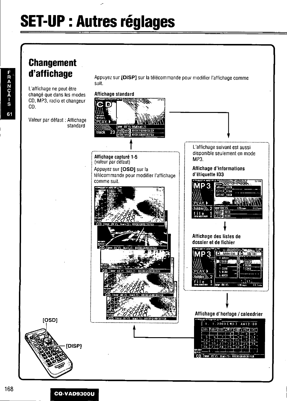 Set-up : autres réglages, Changement, D’affichage | Affichage ca^ituré 1-5, Affichage des listes de dossier et de fichier, Changement d’affichage | Panasonic CQ VAD9300U User Manual | Page 168 / 304