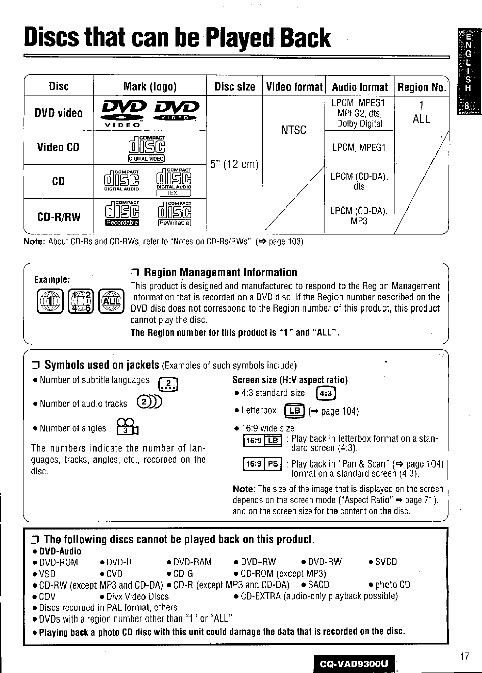 Discs that can be played back, Disc size, Video format | Audio format, Region management information, Example, Screen size (h:v aspect ratio) | Panasonic CQ VAD9300U User Manual | Page 17 / 304