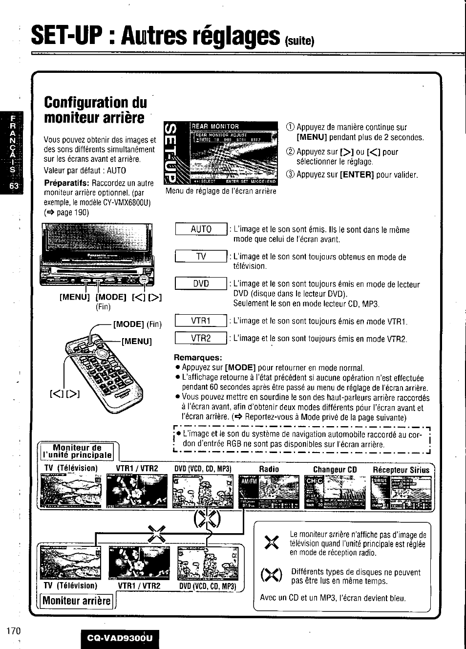 Set-up : autres réglages, Configuration du moniteur arrière | Panasonic CQ VAD9300U User Manual | Page 170 / 304