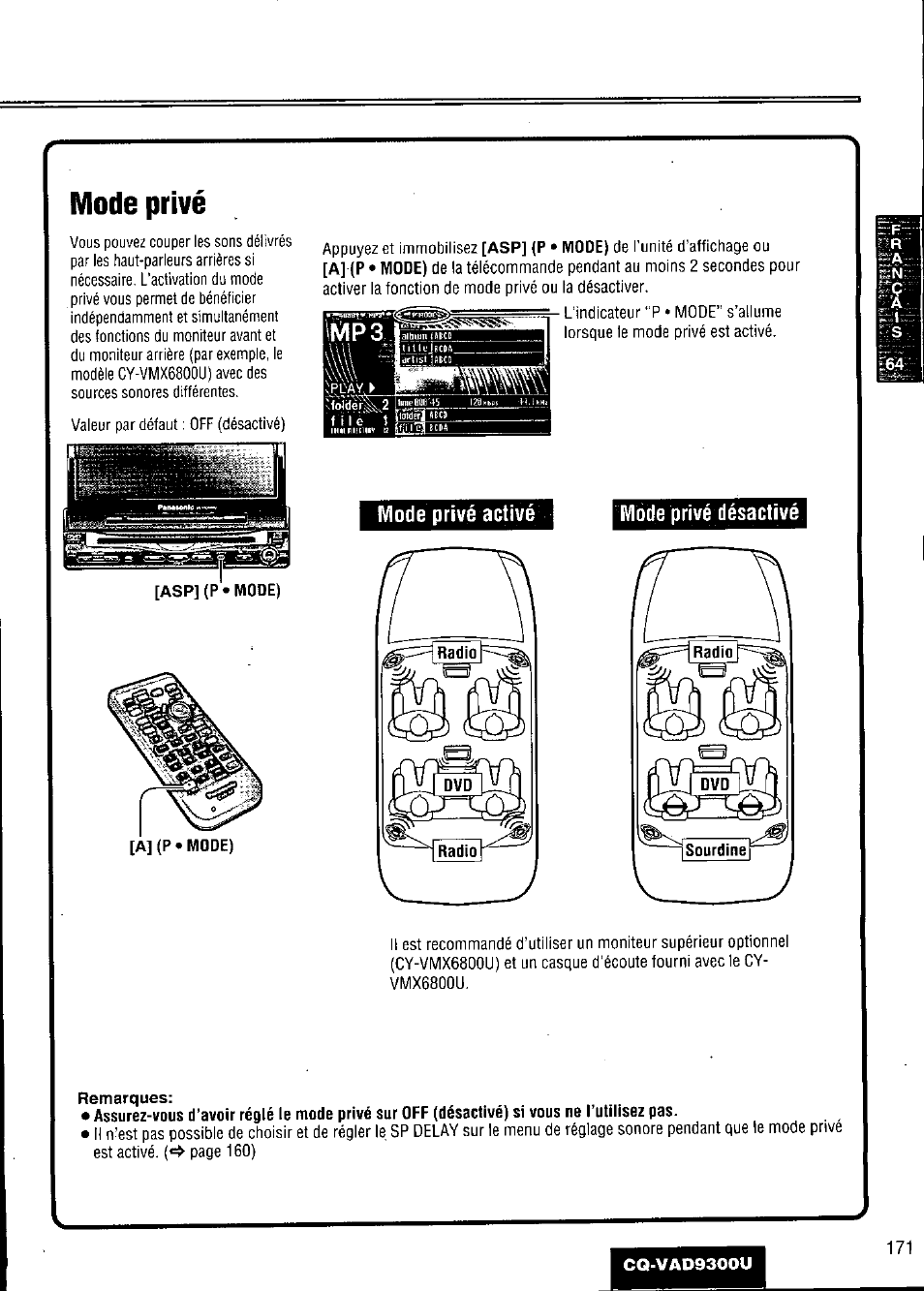 Mode privé, Mode privé activé, Mode privé désactivé | Remarques | Panasonic CQ VAD9300U User Manual | Page 171 / 304