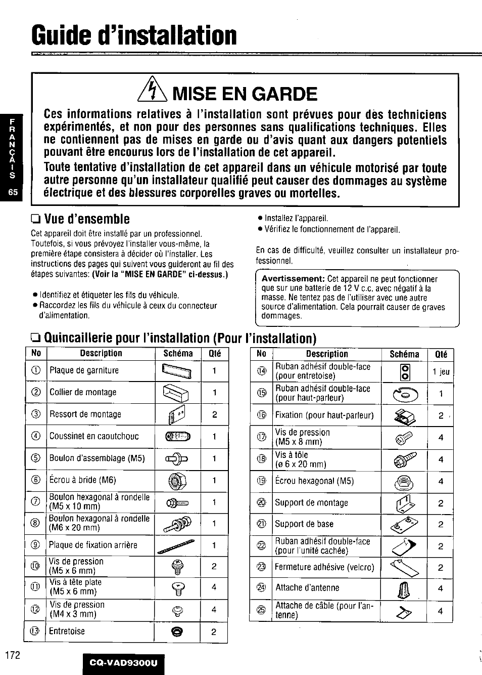 Guide d’installation, Vue d’ensemble, Mise en garde | Panasonic CQ VAD9300U User Manual | Page 172 / 304